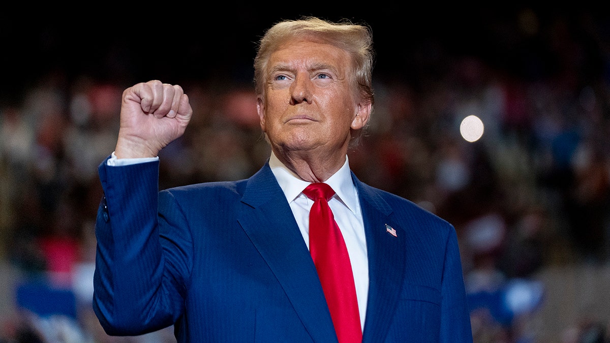 Donald Trump in a blue suit and red tie pumps his fist in the air and looks up