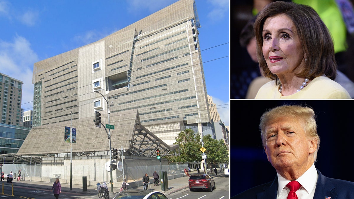 Federaal gebouw, links; Rechtsboven - Representatieve Pelosi, president rechtsonder Trump