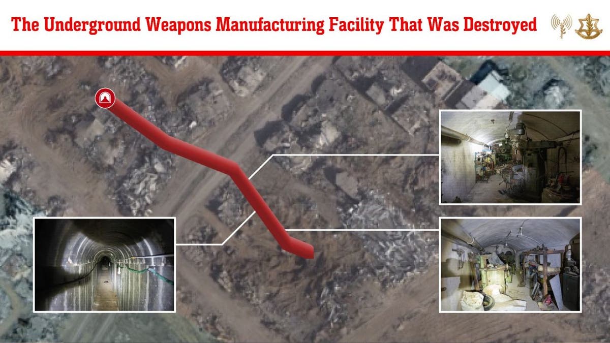 Un mapa que muestra un túnel que conduce a una instalación subterránea de fabricación de armas de Hamás en el centro de Gaza.