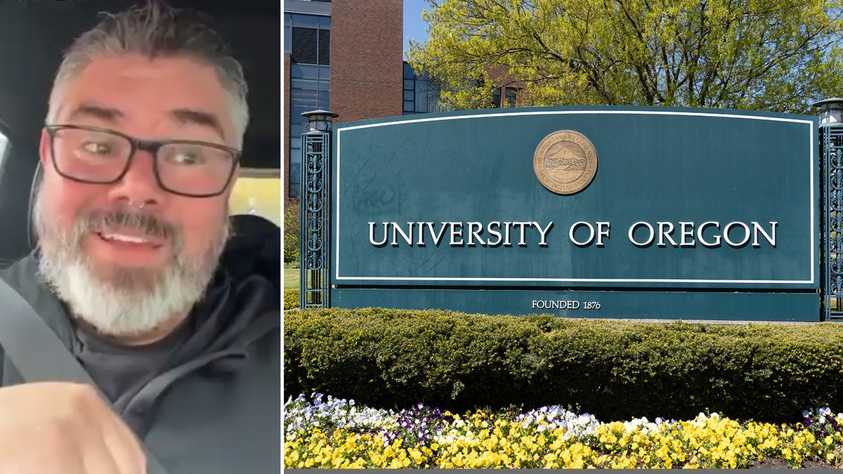 University of Oregon official Leonard Serrato next to photo of campus sign