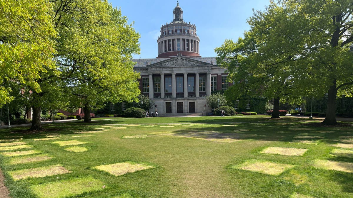 Marks on University of Rochester lawn where anti-Israel tent encampments were