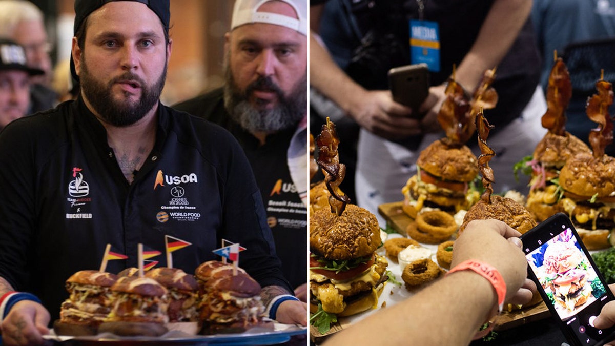 A contestant in the 2023 World Food Championships holds a plate of burgers, left. Cellphones photograph the burgers on display, right.