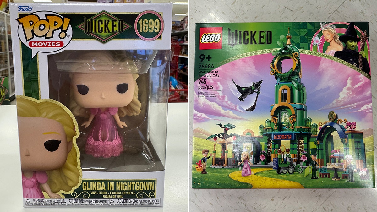 Funko doll of Glinda swplit Lego box of "Wicked" Emerald City