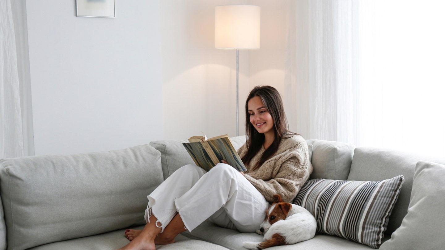 woman reading couch dog