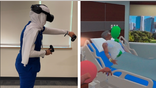 Nursing students at Goldfarb School of Nursing practice clinical skills using virtual reality headsets in a classroom.