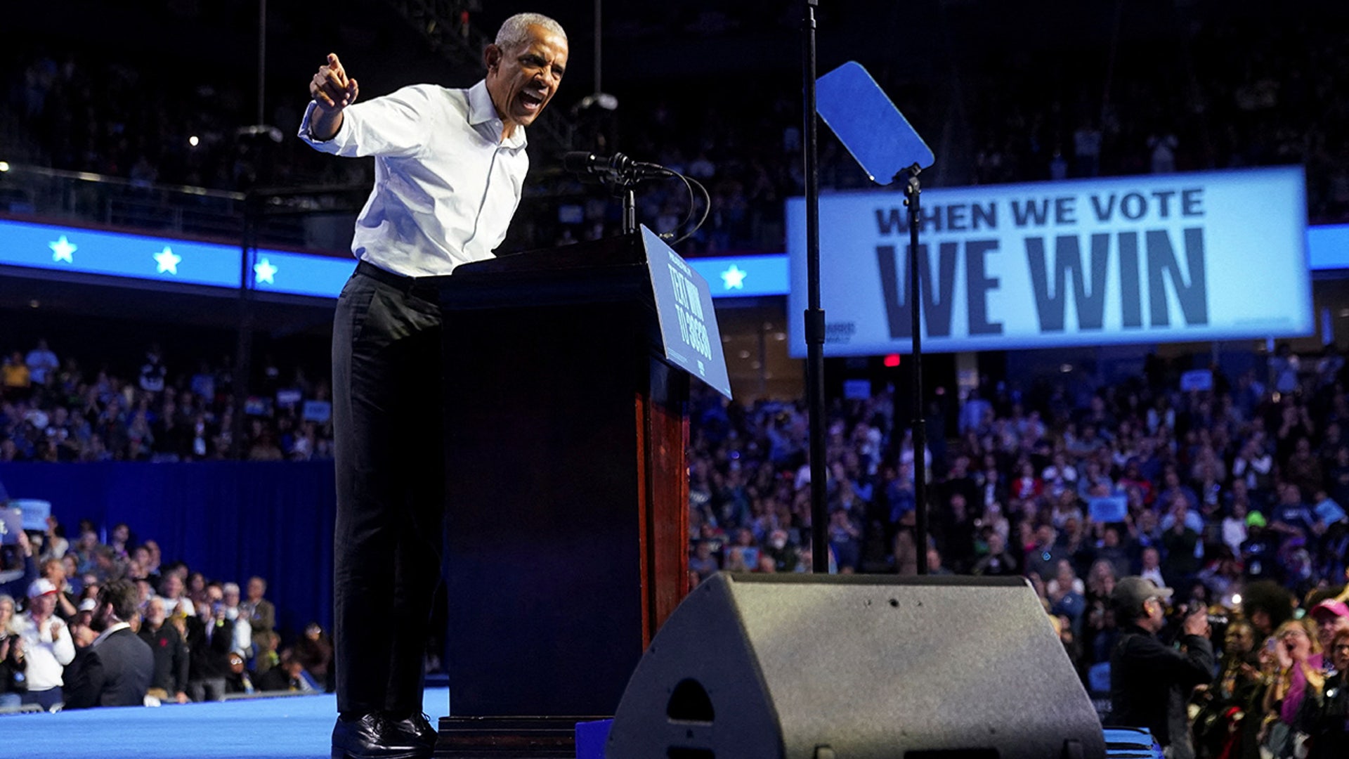 Former President Barack Obama speaks during a campaign rally for Democratic presidential nominee Vice President Kamala Harris