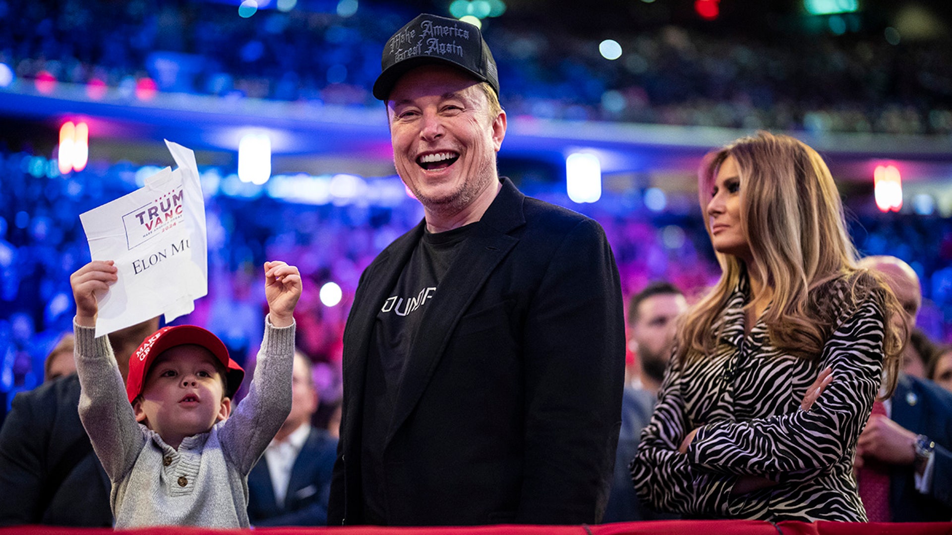 Elon Musk and former first lady Melania Trump listen as Republican presidential nominee former President Donald Trump speaks at a campaign rally at Madison Square Garden