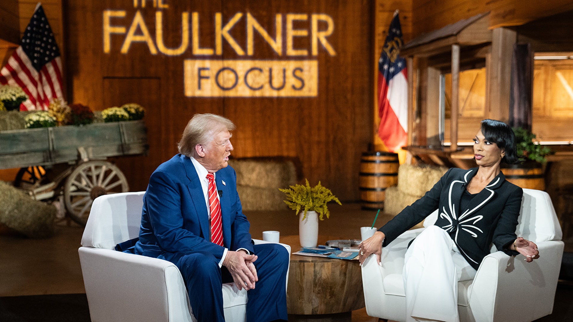 Republican presidential nominee and former President Donald Trump visits Fox News broadcaster Harris Faulkner for a townhall