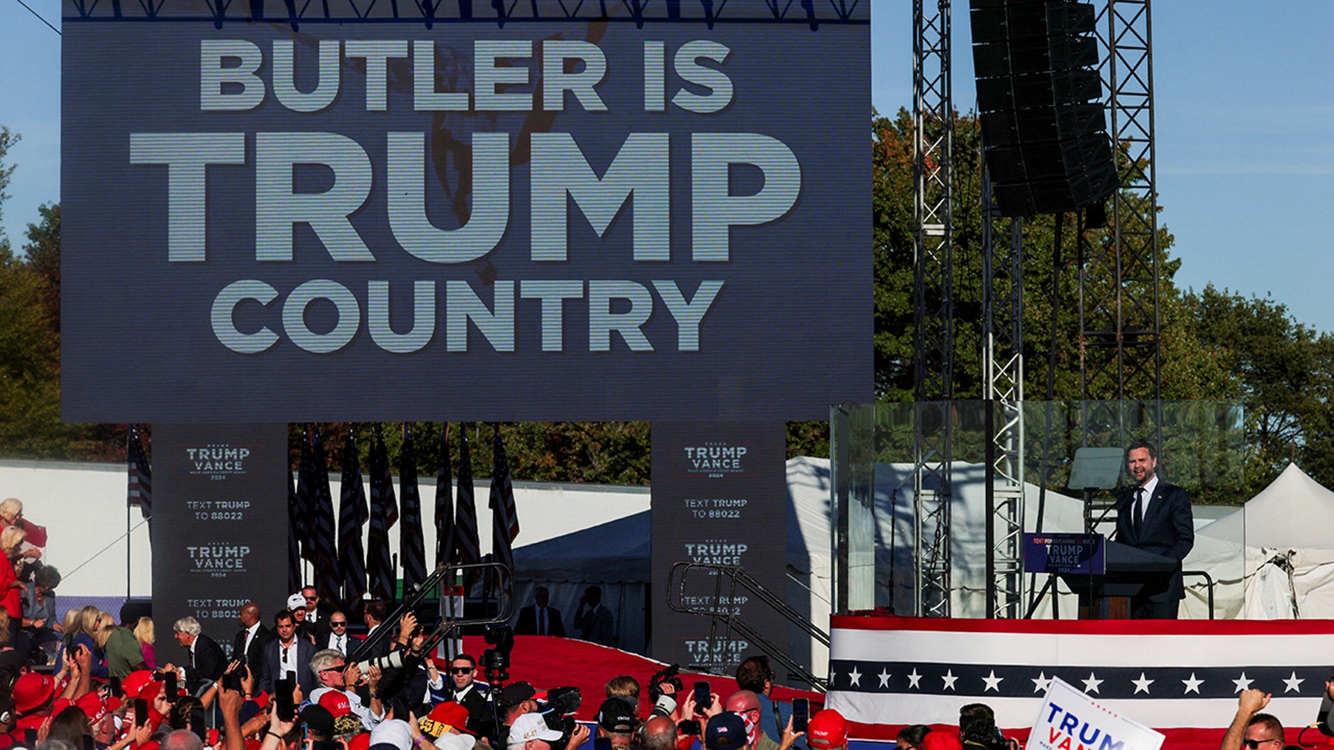 Republican vice presidential nominee Senator JD Vance stands on stage on the day Republican presidential nominee and former President Donald Trump returns for a rally in Butler