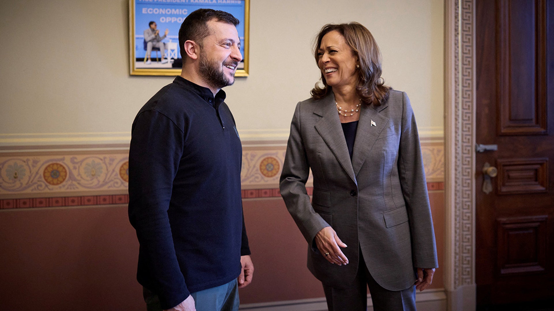 Democratic presidential nominee and Vice President Kamala Harris meets with Ukraine's President Volodymyr Zelenskiy in the Eisenhower Executive Office Building