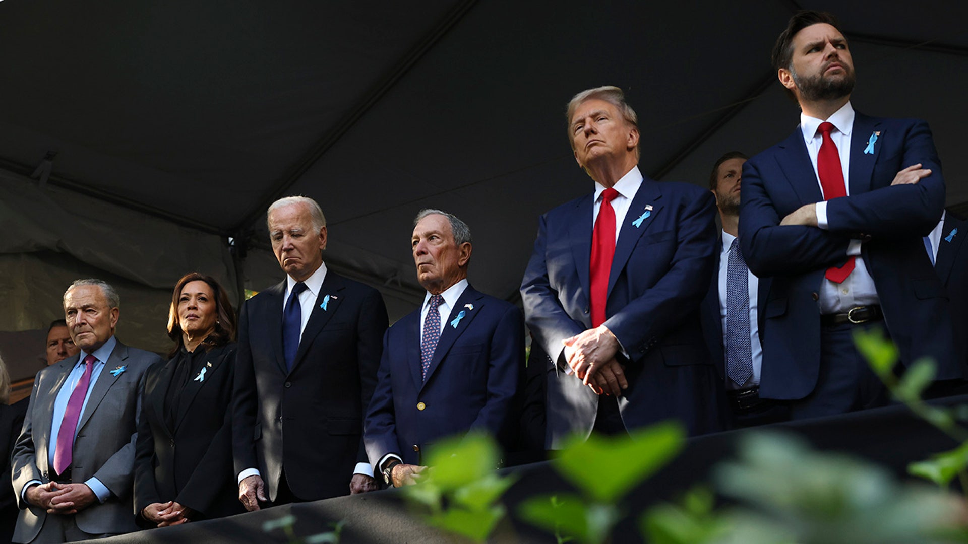 Sen. Chuck Schumer, D-NY, Democratic presidential nominee Vice President Kamala Harris, President Joe Biden, Michael Bloomberg, Republican presidential nominee former President Donald Trump and Republican vice presidential nominee Sen. JD Vance, R-Ohio, attend the 9/11 Memorial ceremony