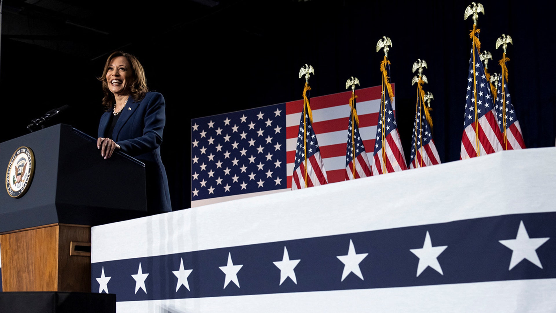 Vice President Kamala Harris addresses a crowd of supporters during her first campaign event as a candidate for president at West Allis High School