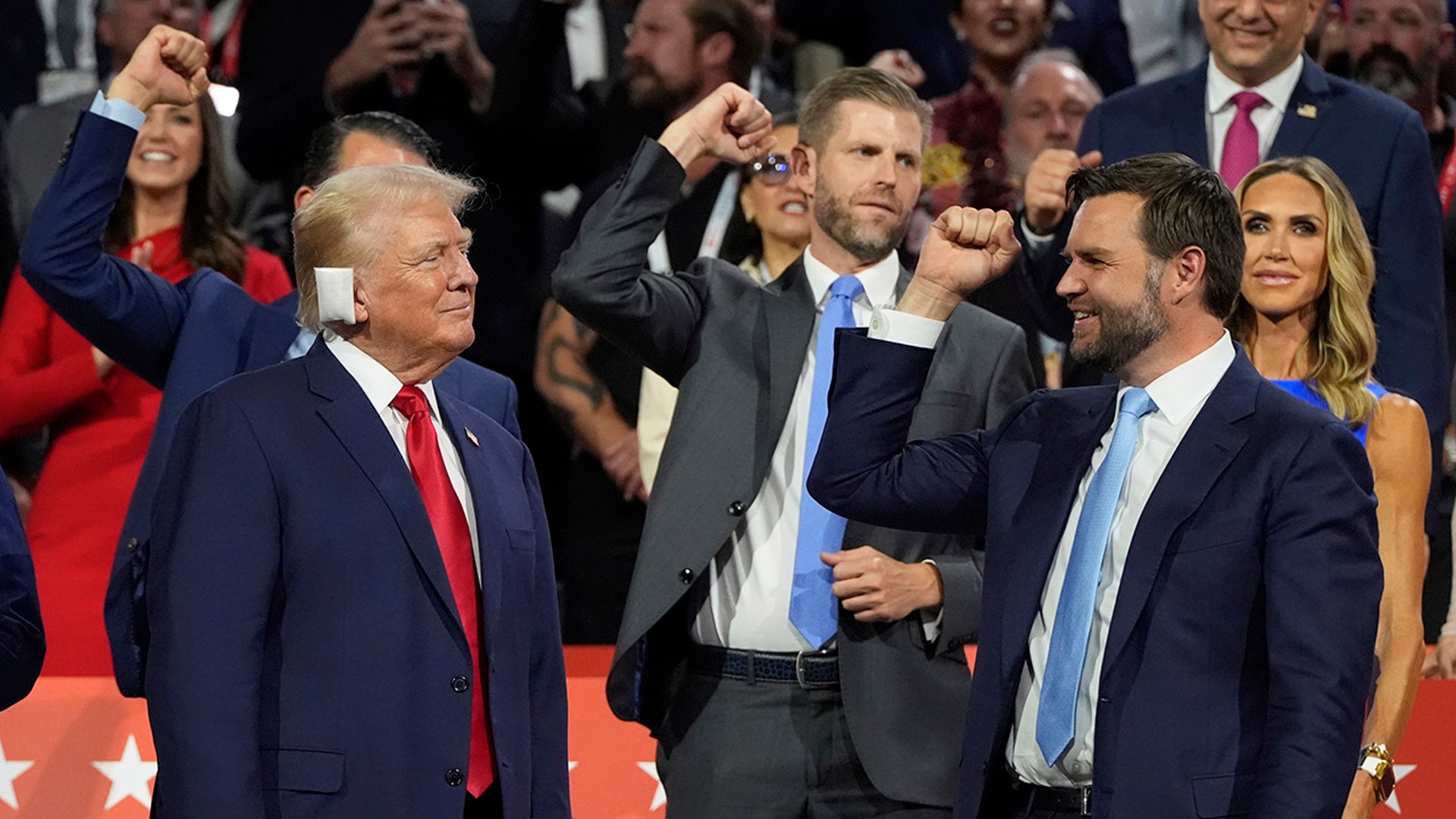 Republican presidential candidate former President Donald Trump appears with vice presidential candidate JD Vance during the Republican National Convention