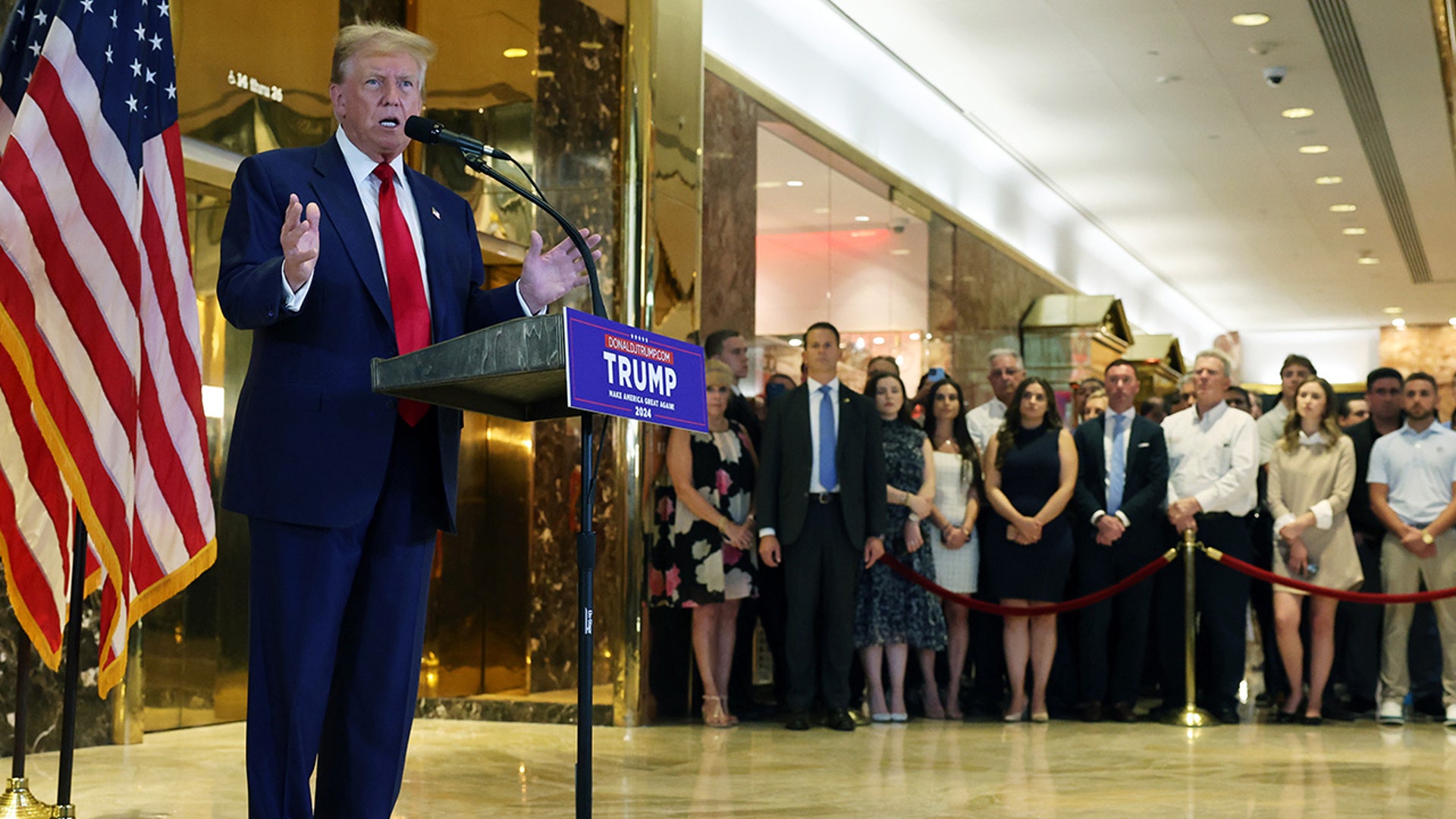 Former President Donald Trump speaks at a news conference at Trump Tower following the guilty verdict in his hush-money trial at Trump Tower