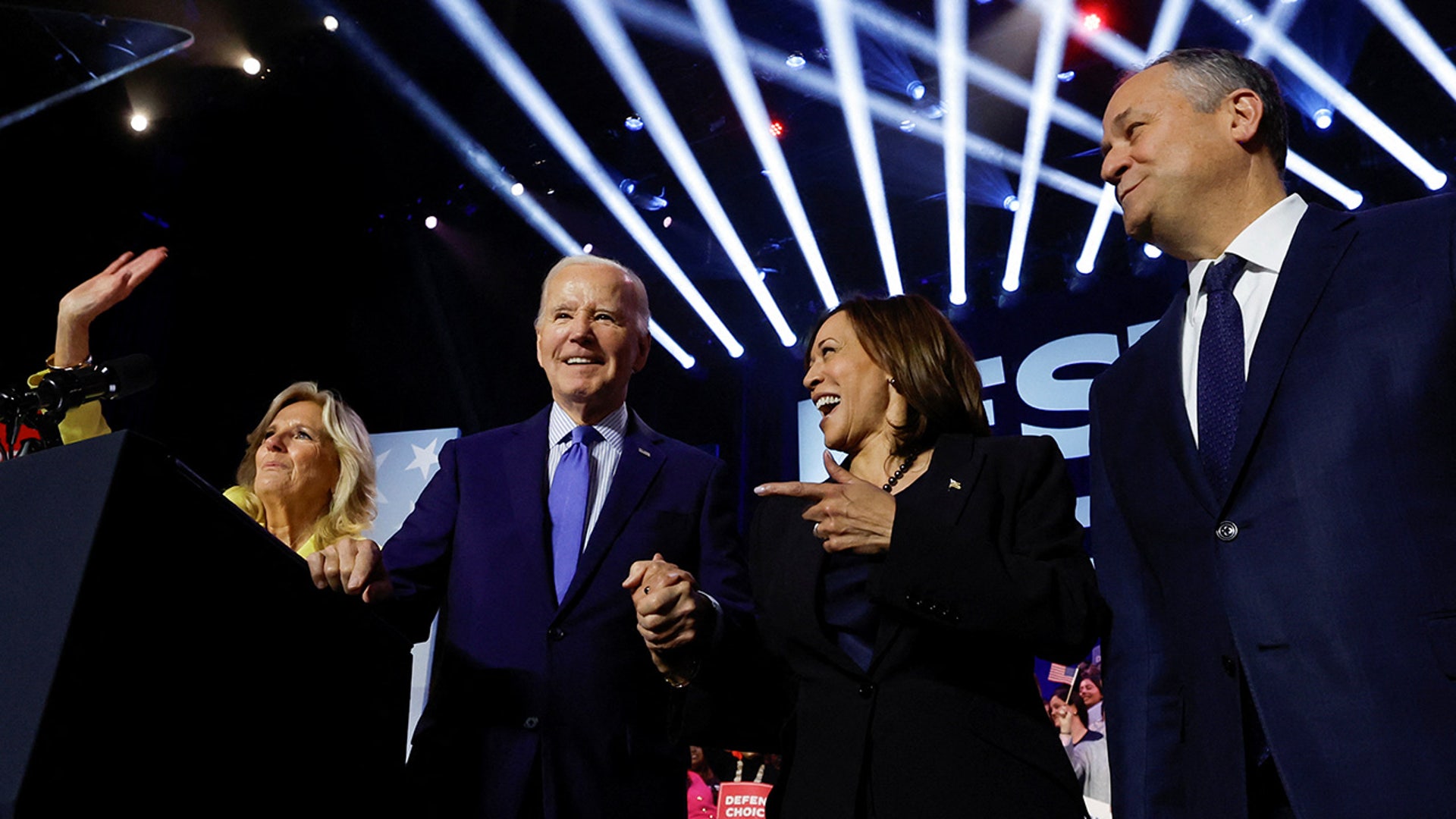 President Joe Biden, first lady Jill Biden, Vice President Kamala Harris and second gentleman Doug Emhoff attend a campaign event focusing on abortion rights at the Hylton Performing Arts Center