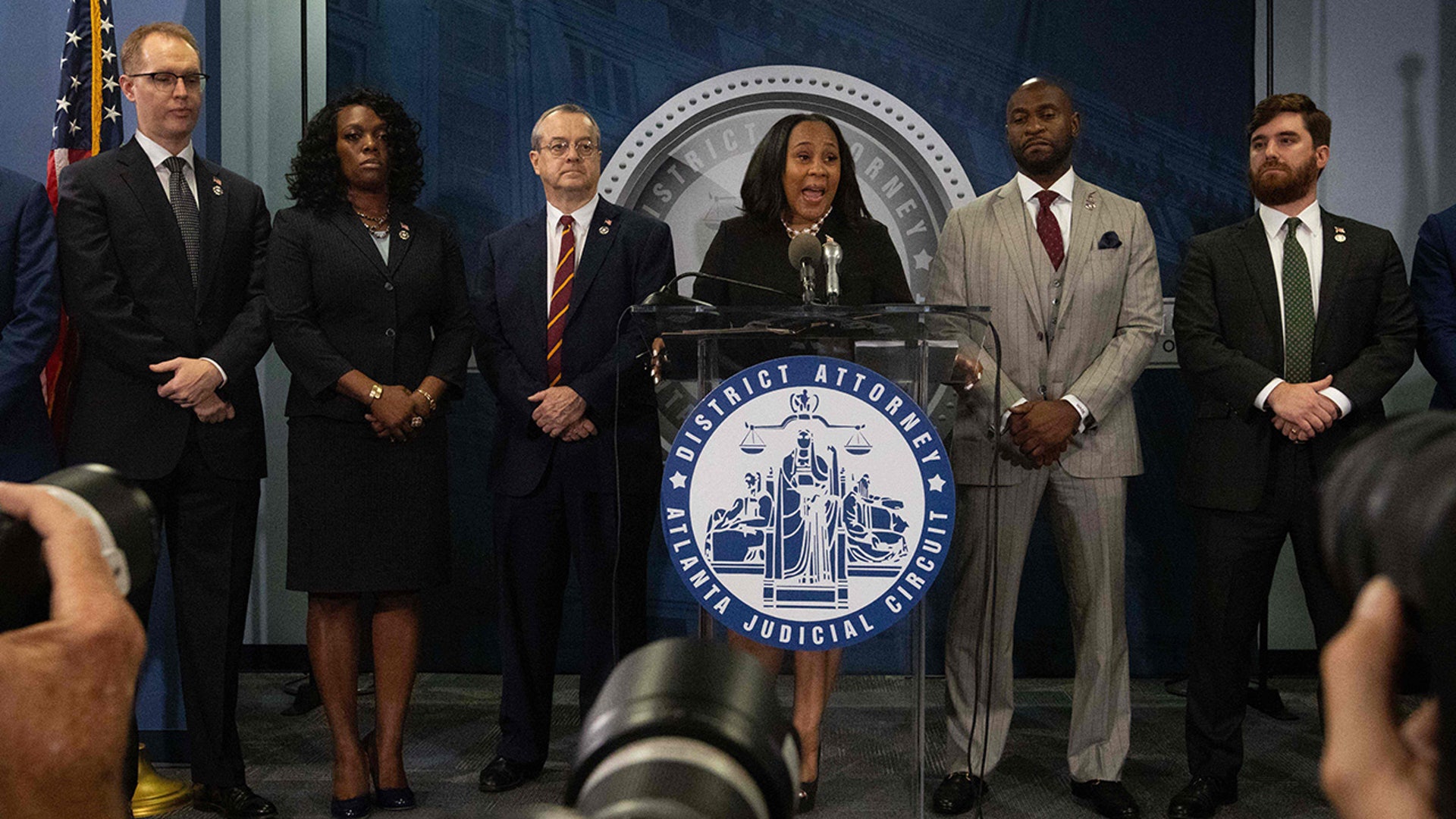 Fulton County District Attorney Fani Willis holds a press conference in the Fulton County Government Center