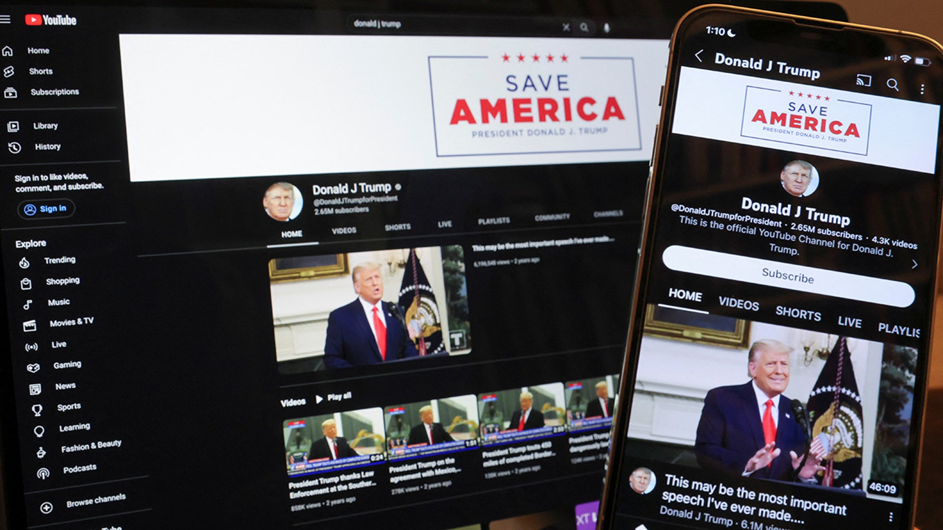 Former President Donald Trump's YouTube account is seen on a mobile phone and laptop computer after being restored by Google