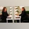 Democratic presidential nominee and Vice President Kamala Harris and Maya Rudolph react as they sit opposite one another on the day Harris makes an appearance on Saturday Night Live