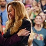 Singer Beyonce and Democratic presidential nominee Vice President Kamala Harris embrace as they attend a campaign rally of Harris