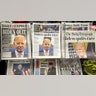 Various UK national newspapers on a newsstand in a newsagent shop report on the news of President Joe Biden's announcement that he is dropping out of the US presidential race