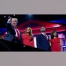 Republican presidential nominee and former President Donald Trump is joined on stage by wife Melania and Republican vice presidential nominee J.D. Vance and his wife Usha Chilukuri Vance, after he finished giving his acceptance speech