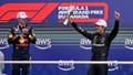 Jun 9, 2024; Montreal, Quebec, CAN;  Mercedes driver George Russell (GBR) reacts next to winner Red Bull Racing driver Max Verstappen (NED) after getting third place in the Canadian Grand Prix at Circuit Gilles Villeneuve. - Fox News
