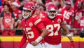 Sep 15, 2024; Kansas City, Missouri, USA; Kansas City Chiefs quarterback Patrick Mahomes (15) and tight end Travis Kelce (87) return to the sidelines after a score against the Cincinnati Bengals during the first half at GEHA Field at Arrowhead Stadium. - Fox News