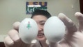 LSU food scientist Yupeng Gao holds an egg coated with chitosan (marked with a Christmas tree drawing on its shell) and one without the coating. - Fox News
