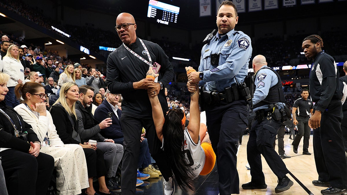 A fan is carried away by security