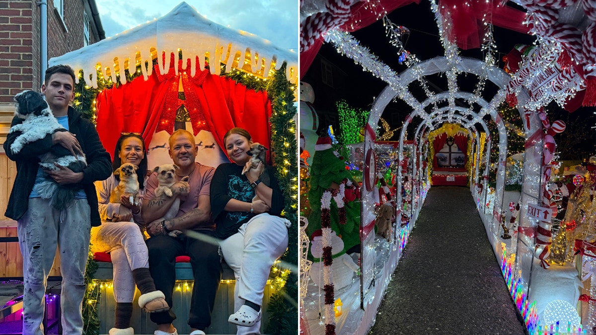 home covered in christmas lights split