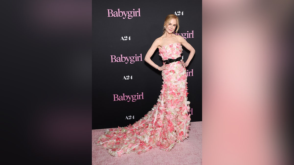 Nicole Kidman wore a strapless dress with pink, red and white flower petals on it to the premiere of "Babygirl."