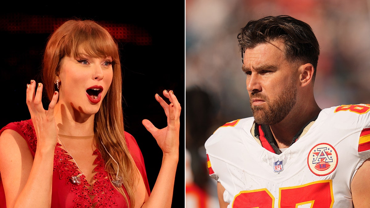 Taylor Swift, vestida de rojo, levanta las manos y parece sorprendida Travis Kelce, con su camiseta blanca de los Chiefs, parece enfadado