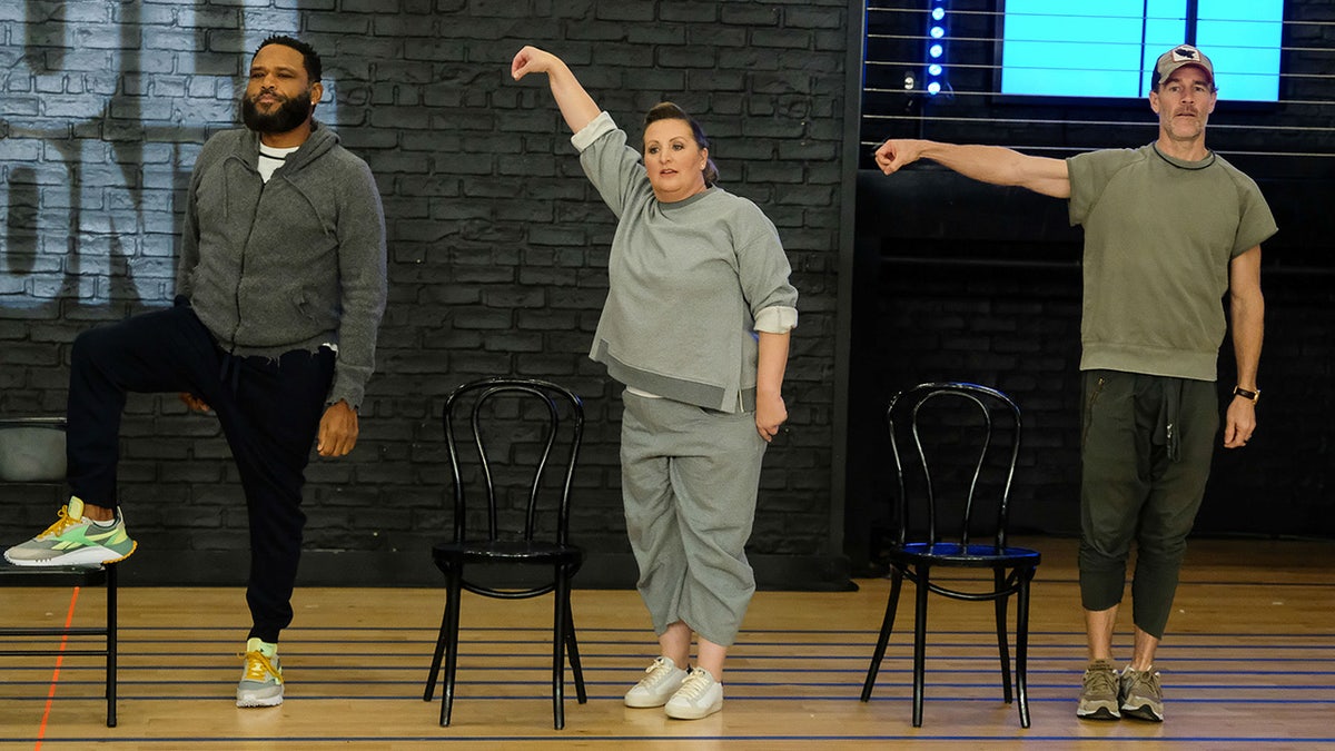 Anthony Anderson, Choreographer Mandy Moore and James Van Der Beek rehearsing for "The Real Full Monty"