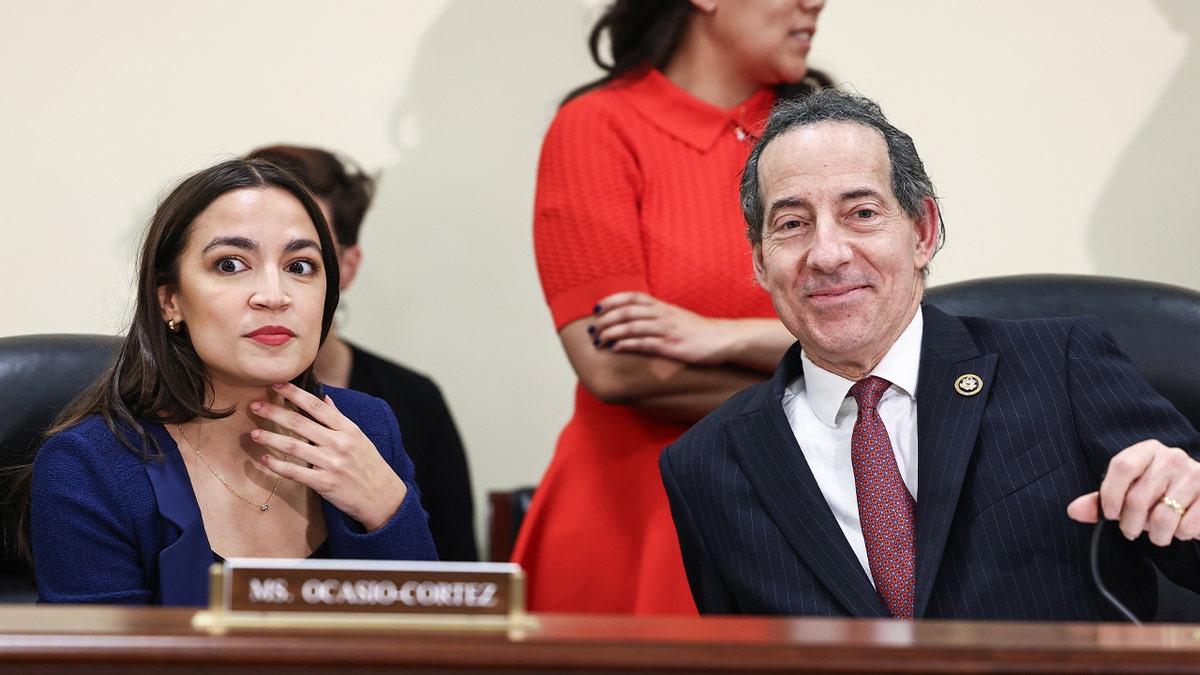 WASHINGTON, DC - JUNE 11: Rep. Alexandria Ocasio-Cortez (D-NY) and Ranking Member Rep. Jamie Raskin (D-MD) chat before a roundtable discussion on Supreme Court Ethics conducted by Democrats of the House Oversight and Accountability Committee at the Rayburn House Office Building on June 11, 2024 in Washington, DC.