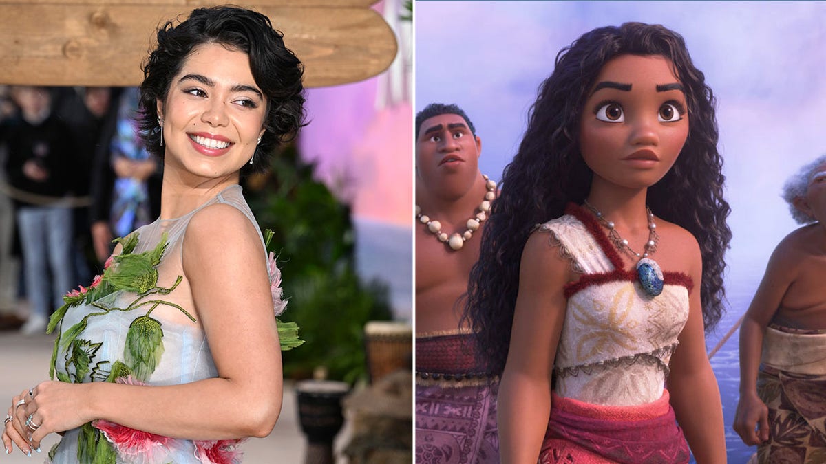 side by side photos of Aulii Cravalho posing and her animated character Moana