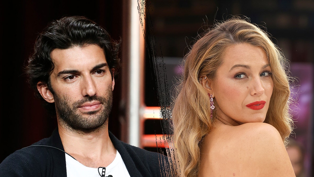 Justin Baldoni in a white T-shirt and a black sweater looks serious about his left Blake Lively looks over her shoulder in a sparkling dress with red feathers