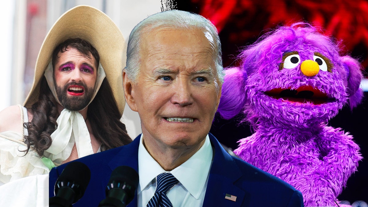 Biden, centro, muppet, direita e artista de cabaré, esquerda