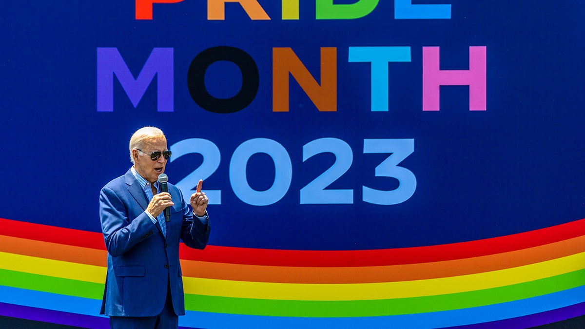 Then-President Biden in front of Pride Month display, June 2023