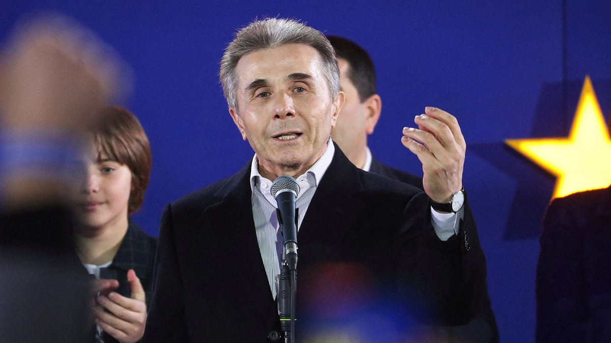 Georgian Dream Party founder Bitzina Ivanishvili speaks after the release of exit poll results in Tbilisi