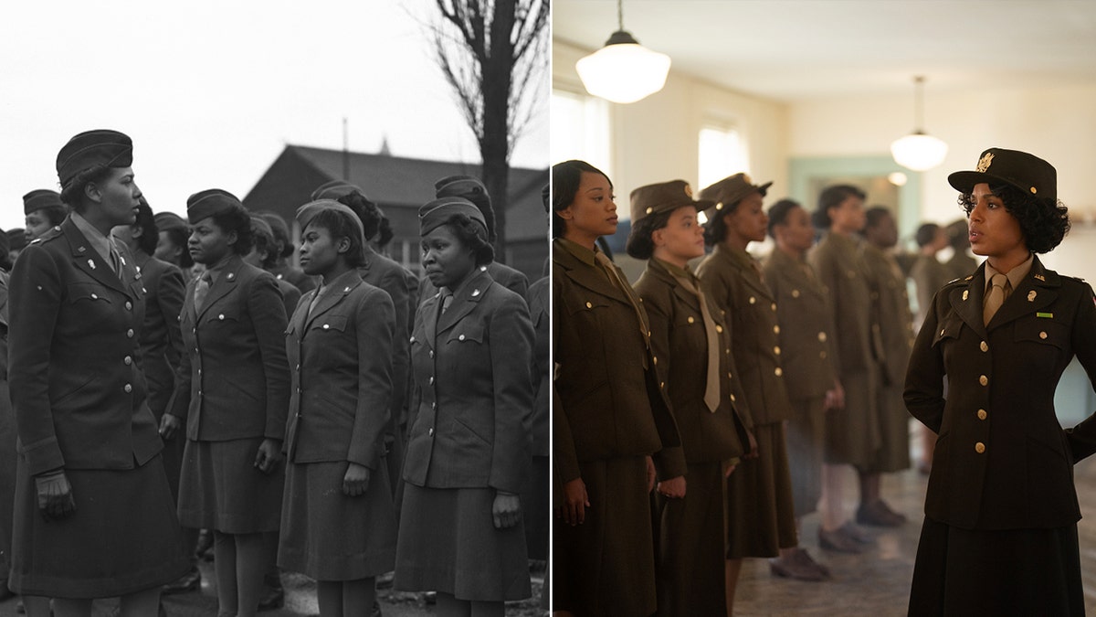 Split image shows a real photo of US Army Major Charity Adams marching in front of her battalion next to a still image from Netflix "The six triple eights" Kerry Washington is shown doing the same as Adams.