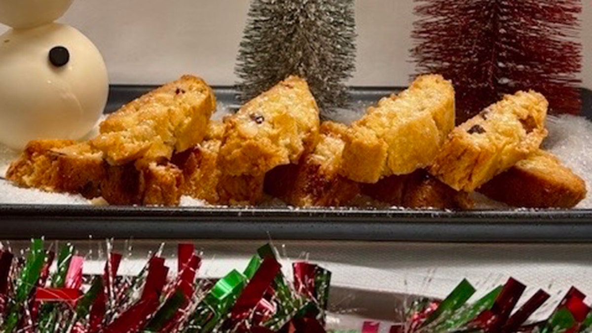 Biscotti arranged on a plate.