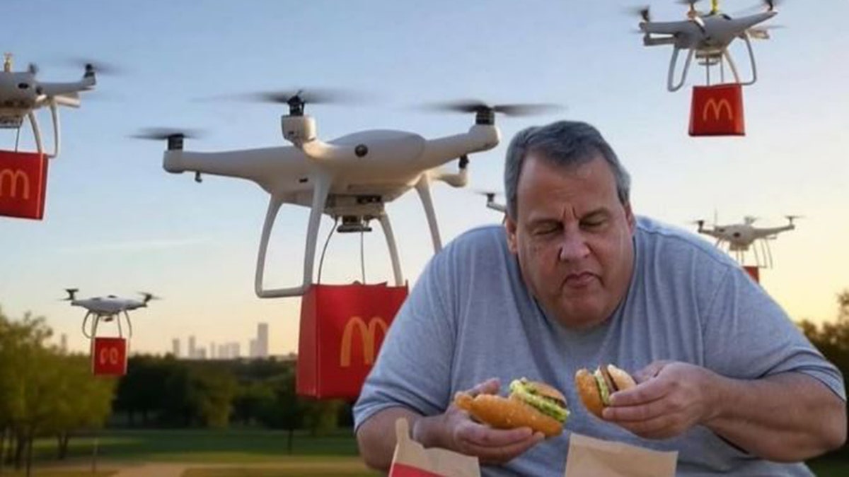 A meme of Chris Christie eating McDonald's delivered by drone