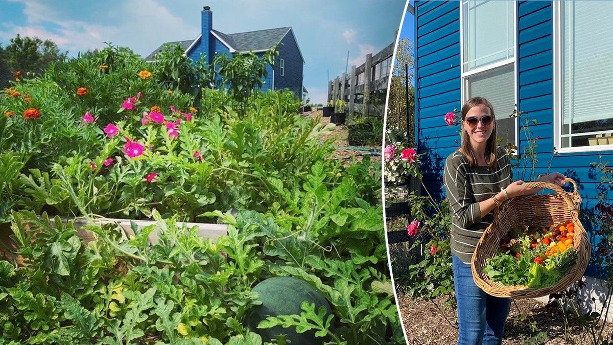 Christen McCoy aparece en la foto sosteniendo una cesta de verduras cultivadas en su huerto, a la izquierda.