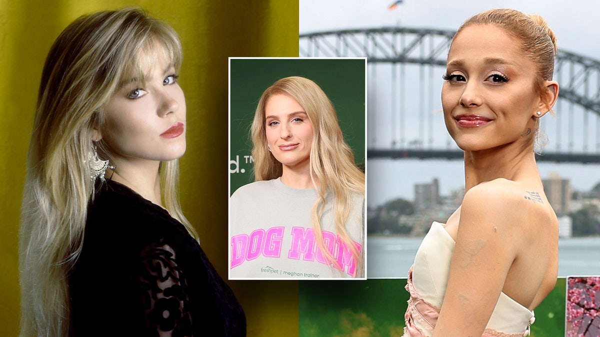 Uma imagem dividida de Christina Applegate, Meghan Trainor e Ariana Grande