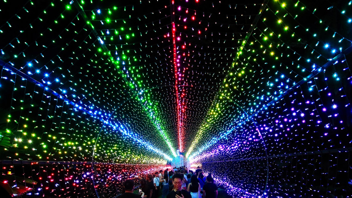 Luces de colores en un túnel en el país de las maravillas navideñas de Singapur 