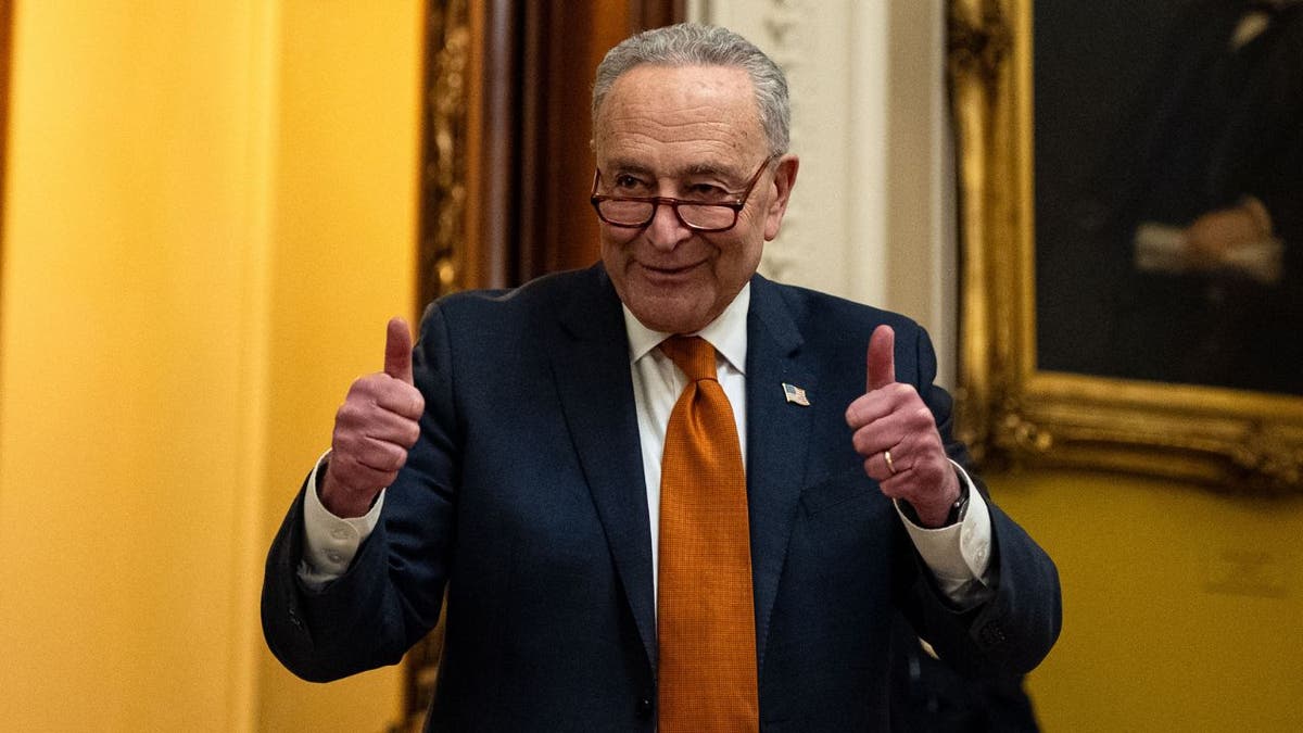 Pemimpin Mayoritas Senat Chuck Schumer mengacungkan jempol