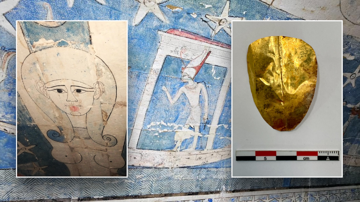 Split image of Egyptian art, golden tongue