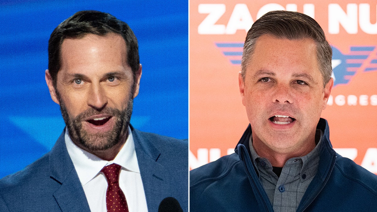 A split image of two White Rep. Jason Crow, a Democrat, and Rep. Zach Nunn, a Republican