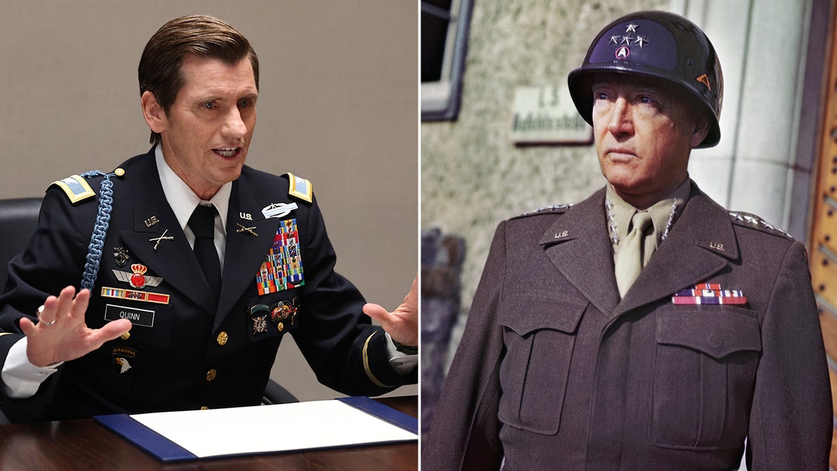 side by side photos of Denis Leary in a scene from "Going Dutch" and a historical photo of General George Patton