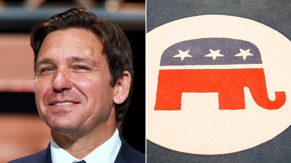 Left: Florida Gov. Ron DeSantis; Right: GOP symbol